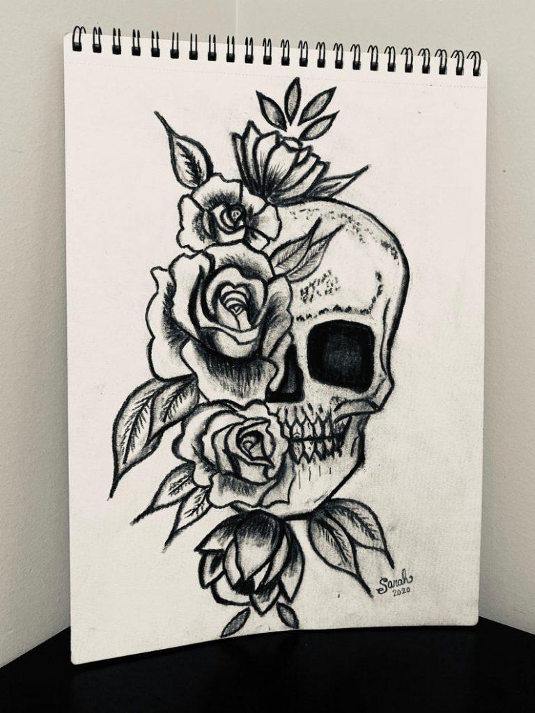 cool drawings of roses and skulls