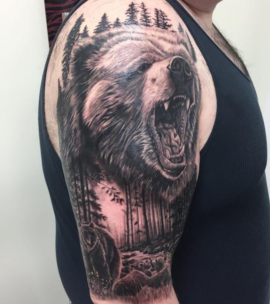 The Ritual  Bear Half Sleeve freshly done by morgaineraven   Morgaine Raven will be with us for a  full year Yes you read that right She specializes in black and grey