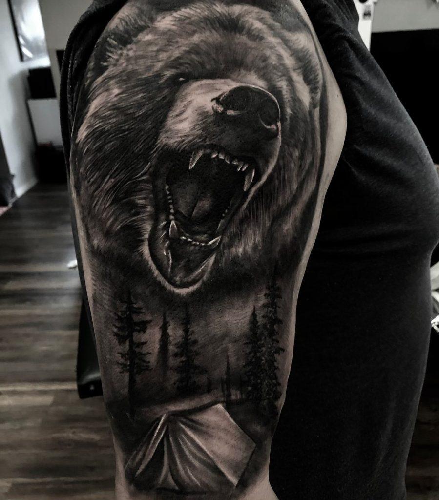 Black and Grey Realism Bear Forest Tattoo  Love n Hate