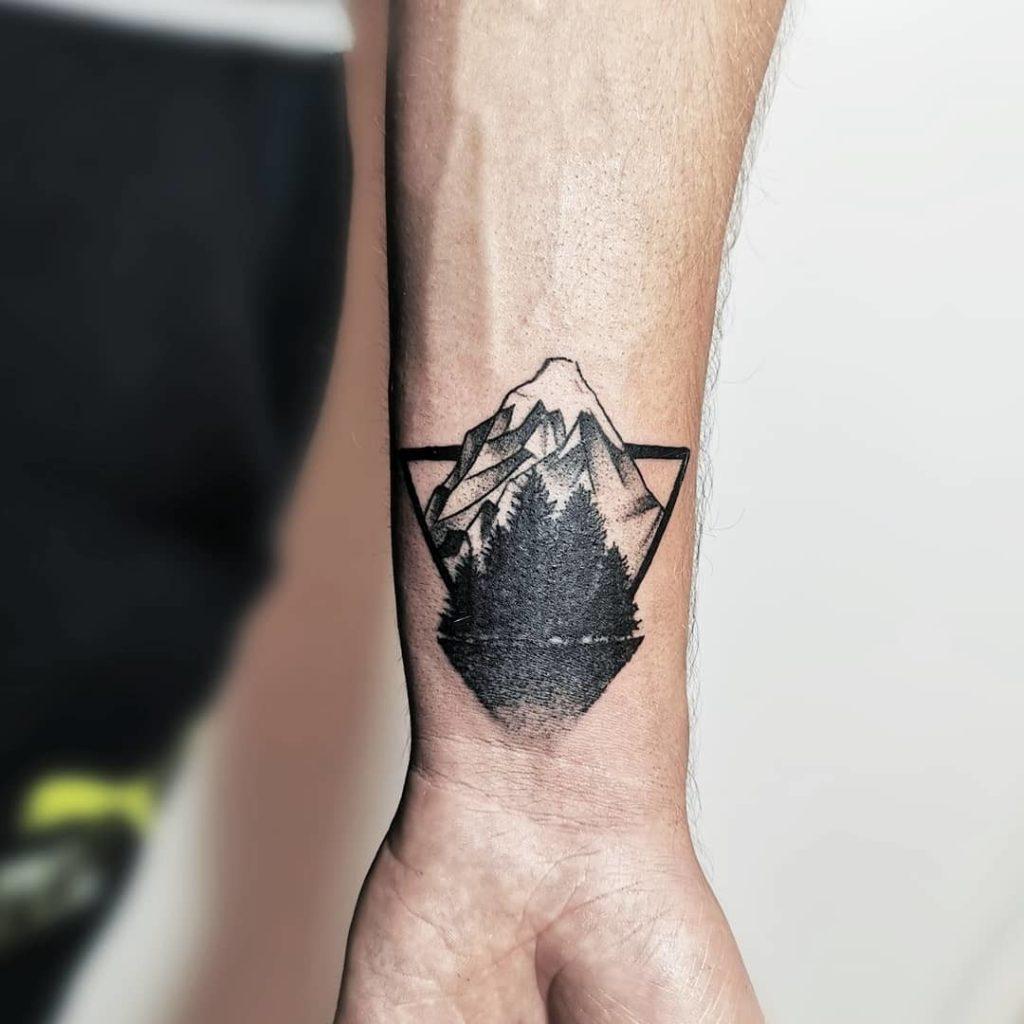 Tattoo uploaded by Darcy Nutt  trees landscape mountains mountain elk  fish waterfall DarcyNutt chalicetattoo  Tattoodo